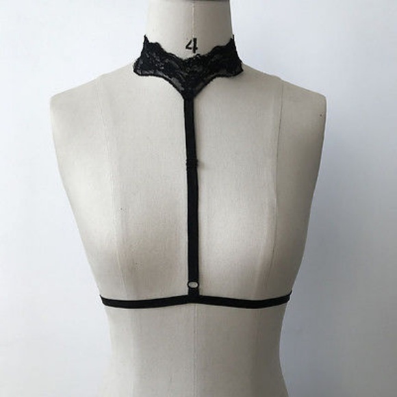 Black Lace Choker Harness Bralette Cage Bra O/S - Picture 2 of 3